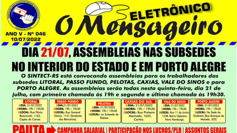 SINTECT-RS convoca trabalhadores/as para assembleias dia 21