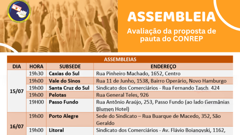 SINTECT-RS convoca para assembleias dias 15 e 16 de julho
