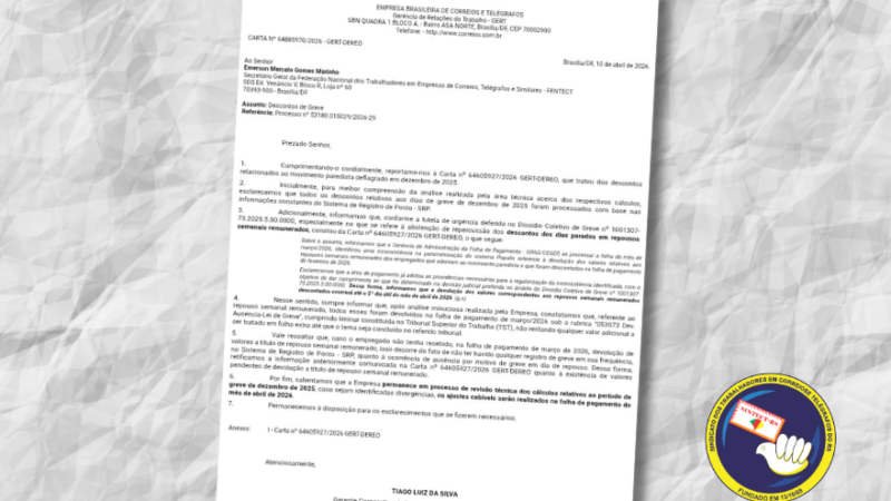 CORREIOS CONFIRMA DESCONTOS DE GREVE E ADMITE FALHAS EM CÁLCULOS