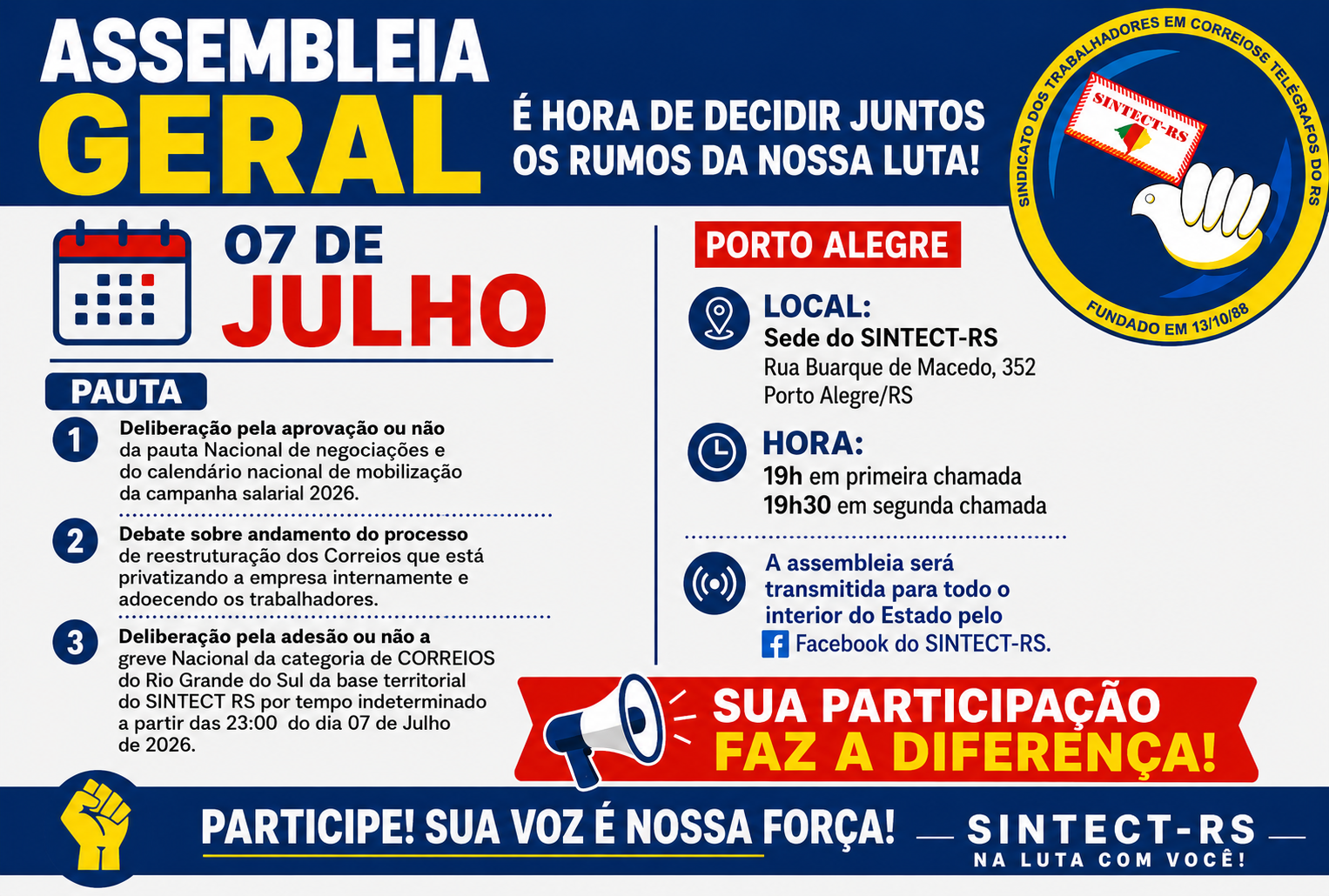 PARTICIPE DA ASSEMBLEIA DIA 7 DE JULHO!