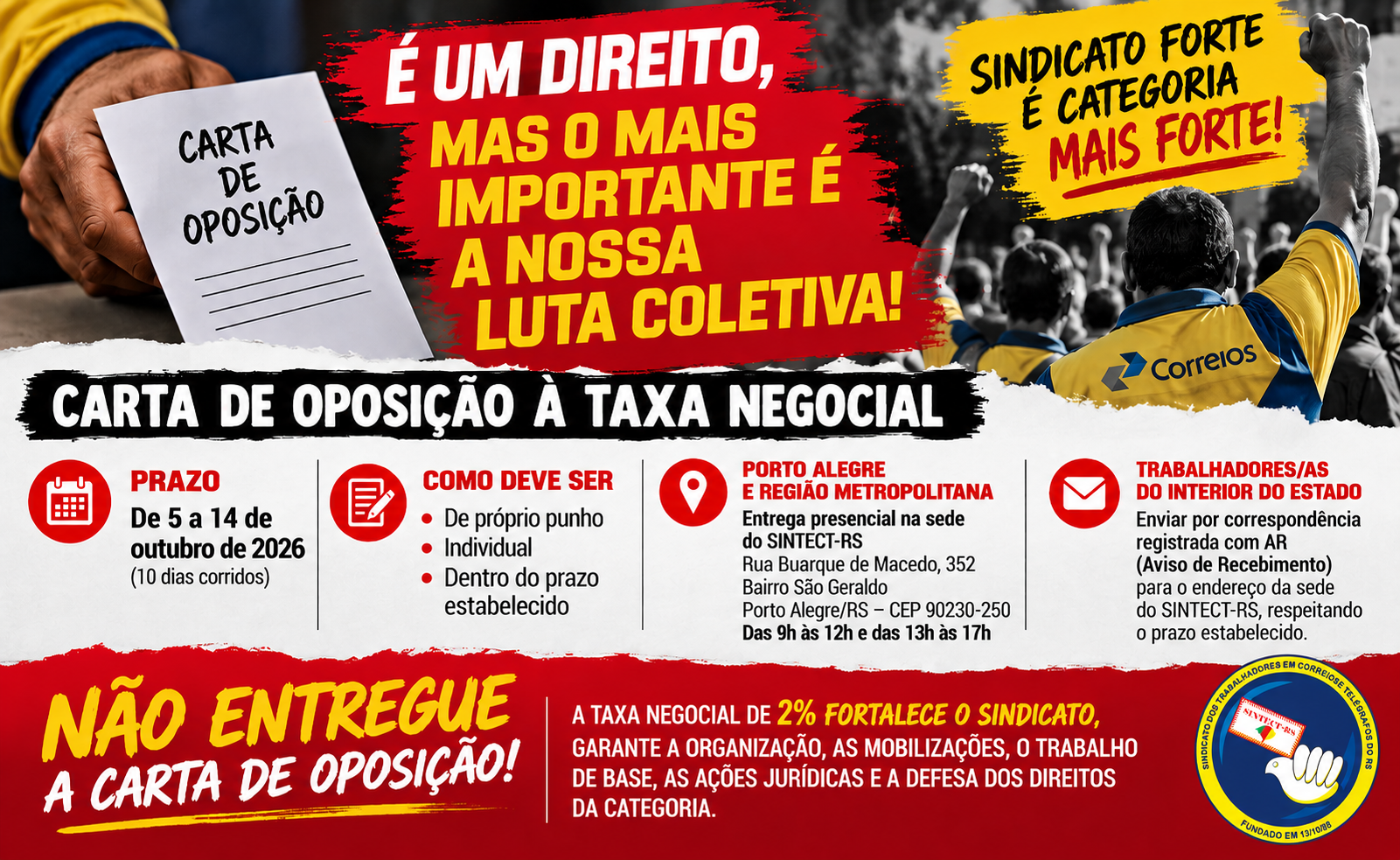TAXA NEGOCIAL: SINTECT-RS RESPEITA O DIREITO DOS TRABALHADORES À OPOSIÇÃO, MAS REITERA QUE FORTALECER O SINDICATO É FORTALECER A LUTA COLETIVA